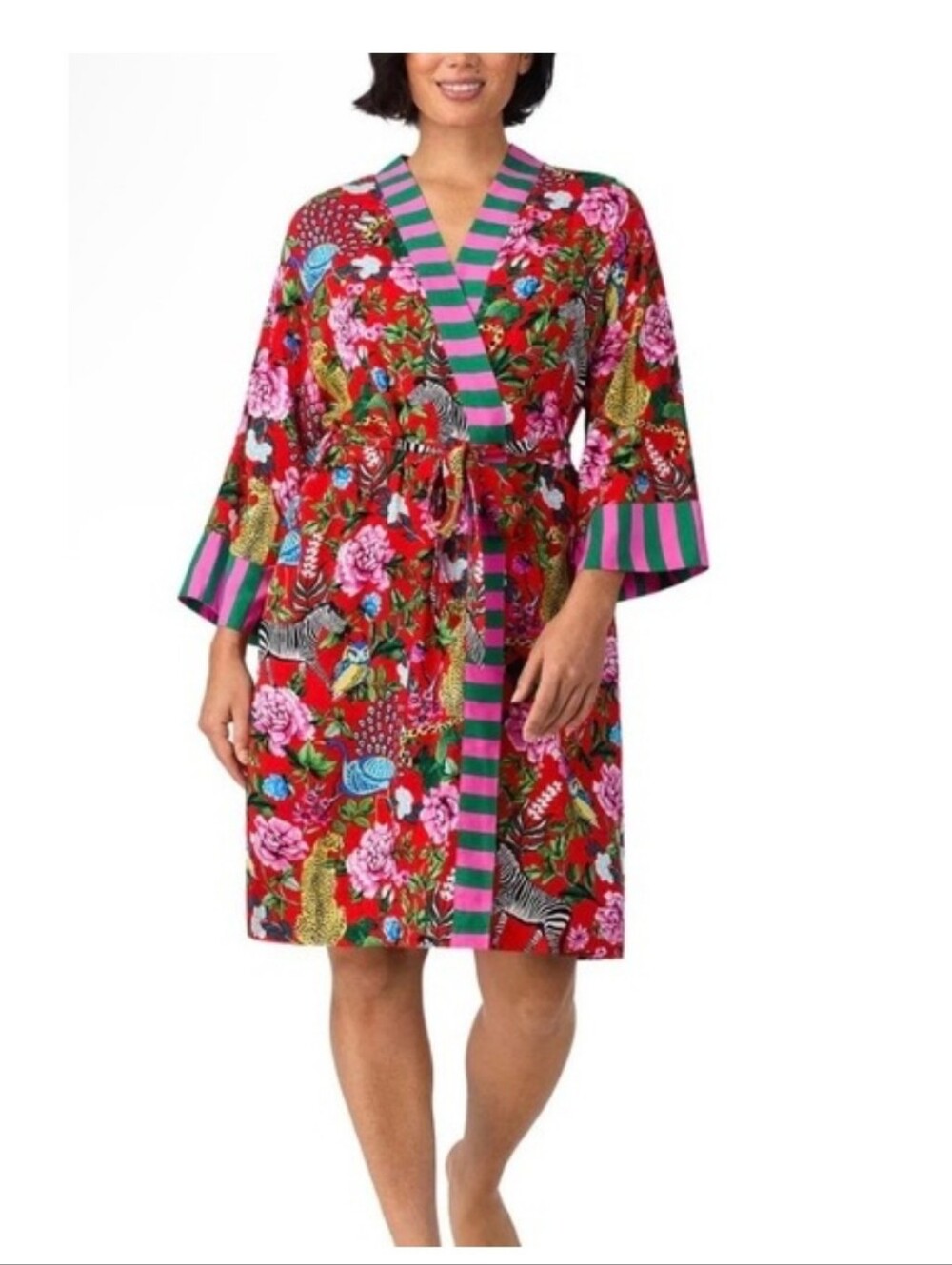 Vibrant Red Tropical Floral & Animal Print Wrap Robe
